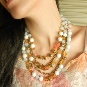 Multi Strand Necklace In White And Gold Beads