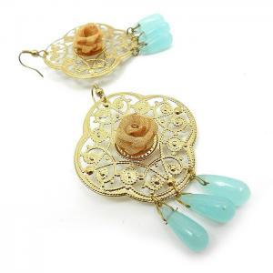 Large Gold Chandelier Earrings With Pale Blue..