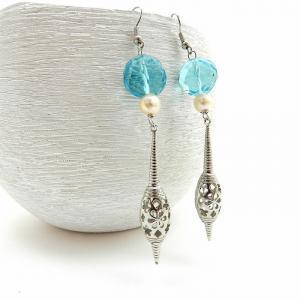 Long Blue And Silver Filigree Earrings