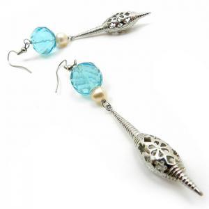 Long Blue And Silver Filigree Earrings