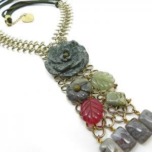 Gemstone Collar Bib Necklace With Stone Flowers