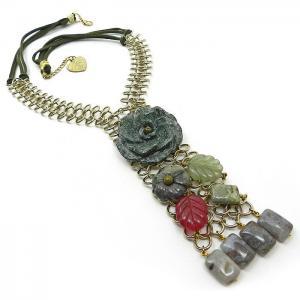 Gemstone Collar Bib Necklace With Stone Flowers