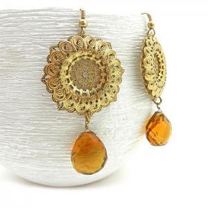 Gold Filigree And Amber Disc Earrings - Party..