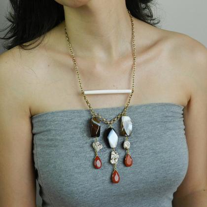 Gray And Red Gemstone Necklace, Agate Necklace,..