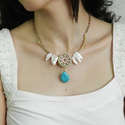 Tribal Turquoise Necklace, Stick Pearl Necklace,..