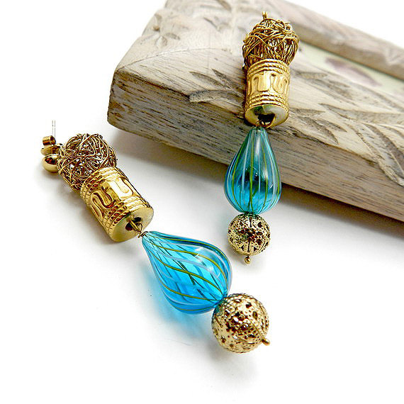 Blue And Gold Hand Blown Glass Earrings - Fashion Earrings