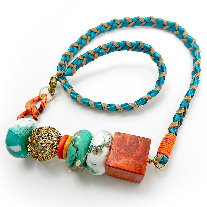 Bright Colorful Statement Necklace With Turquoise And Coral Gemstones