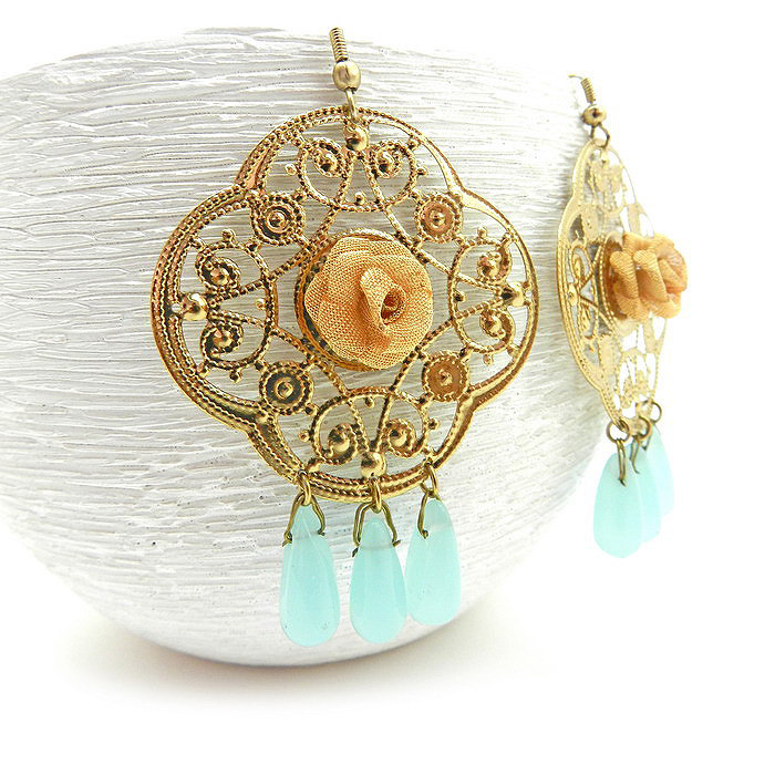 Large Gold Chandelier Earrings With Pale Blue Drops