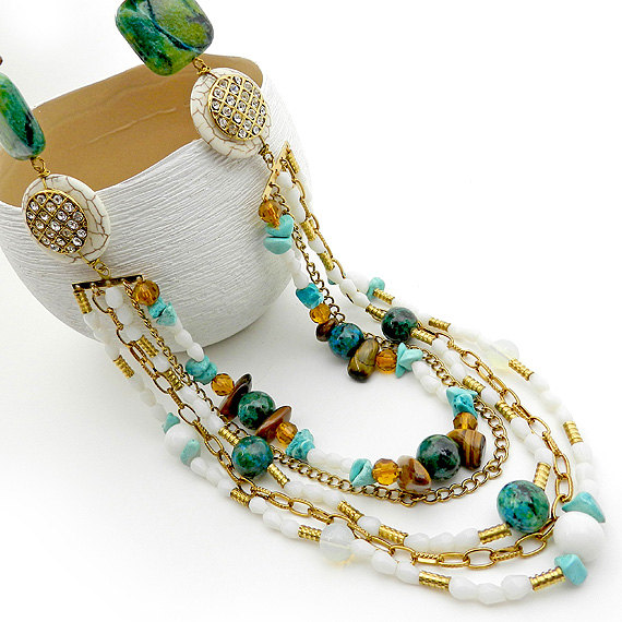 Ornate Multi Strand Layered Statement Necklace In Blue Green