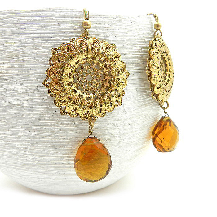Gold Filigree And Amber Disc Earrings - Party Earrings