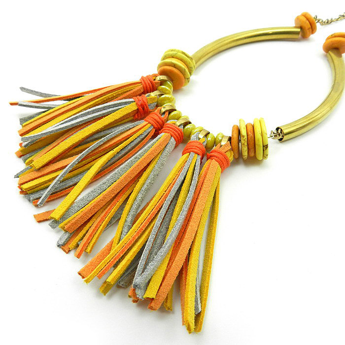 Vibrant Yellow And Orange Fringe Tassel Bib Necklace