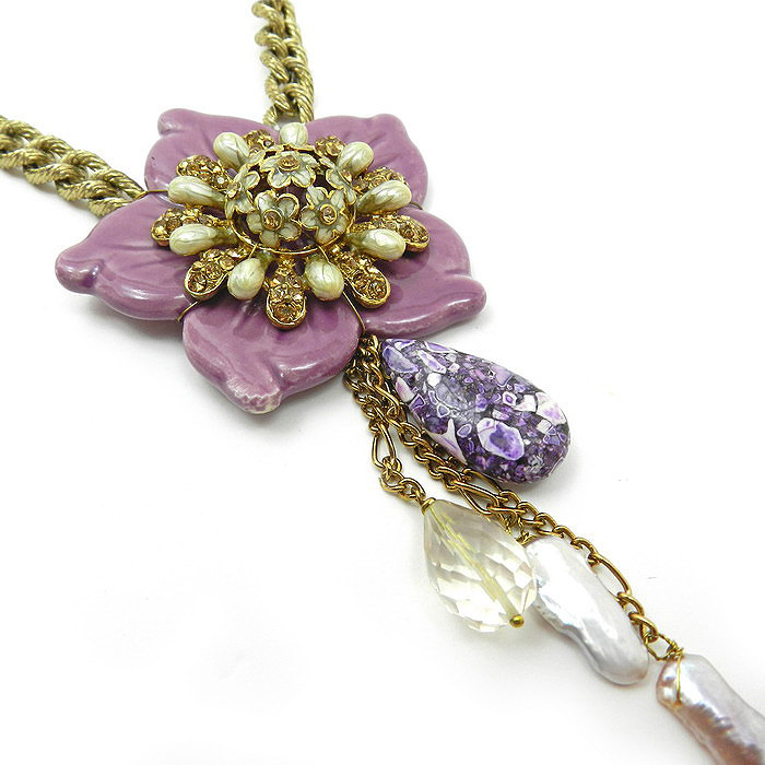 Big Purple Flower Statement Necklace - Designer Jewelry