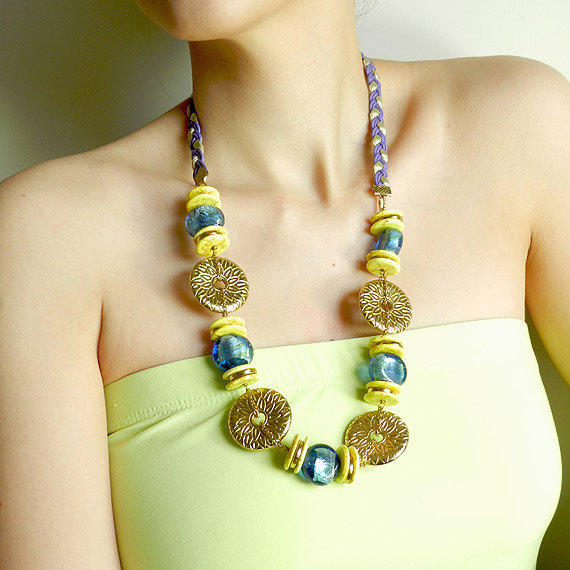 Aqua And Gold Beaded Necklace